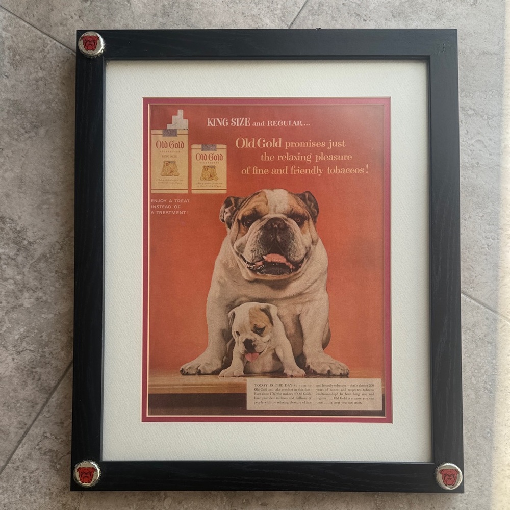 Vintage Bulldog and puppy Old Gold cigarette ad